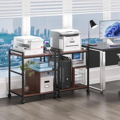 Lerliuo 24" Wide Large Printer Stand with Storage, Walnut | Printer Table for Home Office with Charging Station, 3 Tier Industrial Mobile Printer Cart with Lockable Wheels - color: Walnut