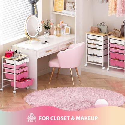 Goovilla Rolling Cart with Drawers, Utility Cart Organizer with 5 Removable Drawers and Wooden Tabletop, Lockable Rolling Storage Organizer for Art, Classroom, Home, Dorm, Office, Craft Storage, Pink - size: Pink