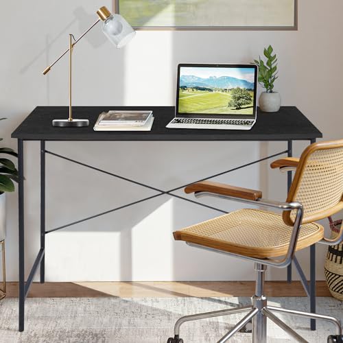 FurnitureR Home Office Desk 47.2-Inch, Simple Computer Desk with Sturdy Metal Legs, Multi-Purpose Writing Table for Students, Work, or Study, Black - color: Black