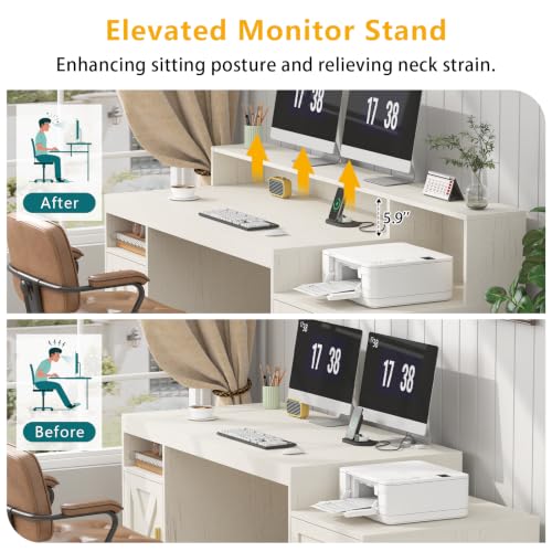 TVU 65" White Computer Desk with Drawers and Printer Stand for Home Office | Office Desk with Power Outlets and Storage Cabinet, Study Writing Desks with Long Monitor Stand - color: White