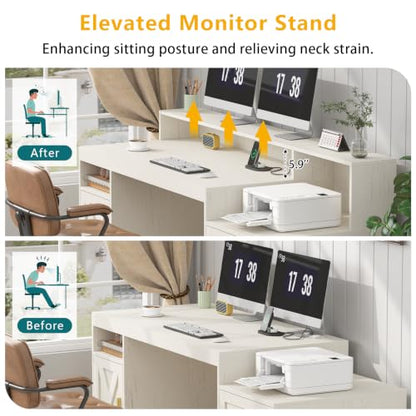 TVU 65" White Computer Desk with Drawers and Printer Stand for Home Office | Office Desk with Power Outlets and Storage Cabinet, Study Writing Desks with Long Monitor Stand - color: White
