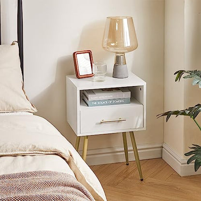 IBUYKE Nightstand, Mid Century Modern Night Stand, Bedside Table with Drawers and Open Storage Shelf, End Side Table with Metal Legs, for Bedroom, Small Spaces, White UWNS004W - color: White