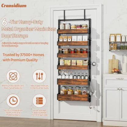 Over the Door Pantry Organizer: Storage and Pantry Organization with Hanging Basket - 6-Tier Metal Spice Rack Adjustable Shelves for Kitchen Laundry Room Bedroom & Bathroom Black - size: 6-Tier
