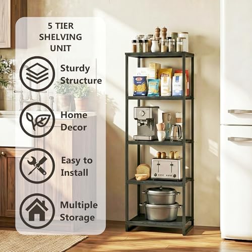 5-Tier Bathroom Shelving Unit, Narrow Corner Slim Rack, Black | 47"H, Metal Frame, Wood Finish Shelf, for Laundry Room, Kitchen, Living Spaces, Sturdy Build - size: 5-Tier