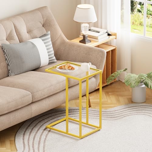 C Table Side End Table, Small C Shaped Table for Sofa,Glass Couch Sofa Tray Snack Table for Living Room, Bedroom,TV Tray Table for Small Space,Accent Coffee Table,Nightstand with Metal Frame(Yellow) - color: Yellow