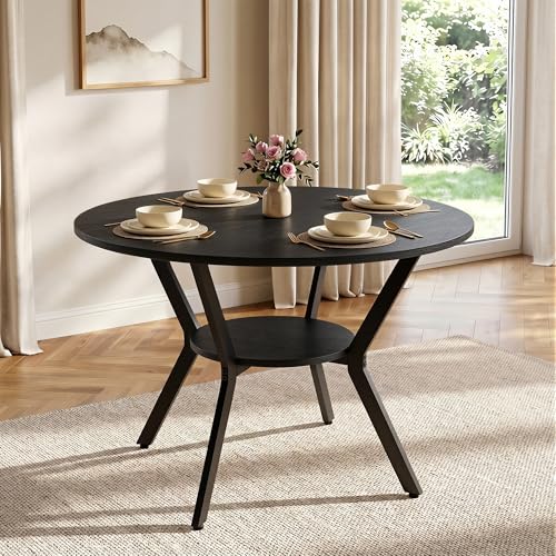 Miereirl 42.13" Round Dining Table for 4, Modern Kitchen Table with Open Storage Shelf, Wood Dining Table for Dining Room, Apartment, Small Spaces - color: Black