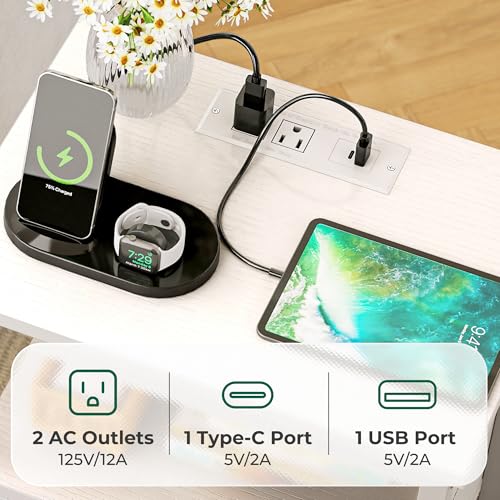 Huuger Nightstand with Charging Station, Side Table with 2 Fabric Drawers, End Table with Open Shelf, Bedside Table with USB-C Port and Outlets, Night Stand, PU Leather, White - color: White, size: 11.8"d X 15.7"w X 23.6"h (2 Drawers)