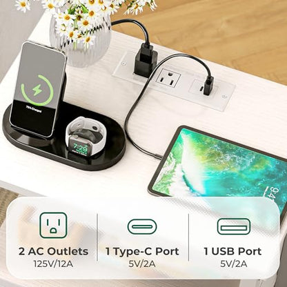 Huuger Nightstands Set of 2, End Tables with Charging Station, Side Tables with Fabric Drawers, Bedside Tables with USB Ports and Outlets, Night Stands, PU Leather, White - color: White, size: 11.8"d X 15.7"w X 23.6"h (2 Drawers)