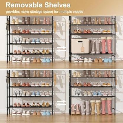 VILICK 5 Tier Shoe Rack 33" Wide Metal Shoe Organizer Long Shoe Storage with 4 Side Hooks Sturdy Shoes Shelf for Closet, Front Door Entrance, Garage, Dorm, Black - size: 5-Tier (11"x 33"x 37.8")