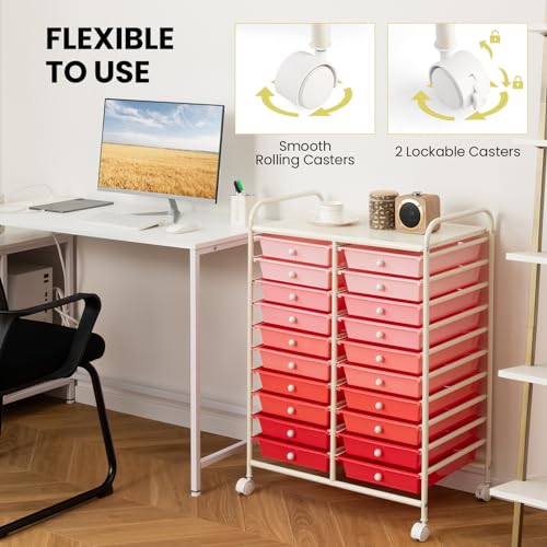 DREAMADE Rolling Cart with Storage Drawers, Utility Cart with Removable Plastic Drawers, Lockable Wheels, Art Cart for Classroom Organization Art Supplies Office Scrapbook (20 Drawers, Mixed-pink) - color: Mixed-pink, style: 20 Drawers