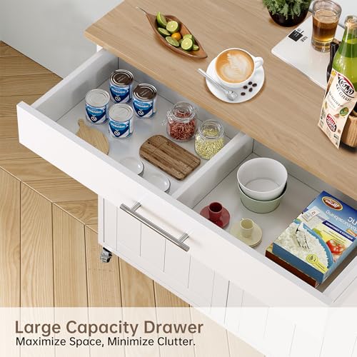 Kitchen Island with Storage, Wooden Rolling Kitchen Island On Wheels with Wood Top, Mobile Kitchen Bar Cart Cabinet with Towel Rack, Spice Rack and Drawers, White - color: White
