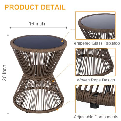 SUNNYPARK Small Outdoor Side End Table Modern Hourglass Style 20" H | Tempered Glass Top, Hand-Woven Rope, Easy Assembly, All Weather, Round Accent Table for Coffee Patio Balcony Poolside - color: Brown