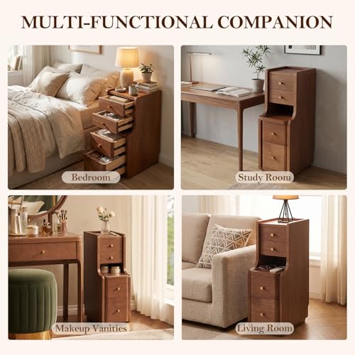 Narrow Nightstand with 4 Drawers, 7.9" Solid Wood Narrow Bedside Table Walnut with Open Shelf & Cable Hole, Modern Night Stand Slim Bedside Table for Bedroom(Fully Assembly) - color: Walnut