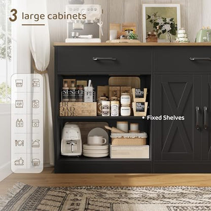 HOSTACK 71"W Farmhouse Kitchen Sideboard Buffet Cabinet with Storage, Black | Large Coffee Bar Cabinet with 3 Wide Drawers, Long Buffet Table with Shelves, Kitchen Storage Cabinet for Dining Room - color: Black