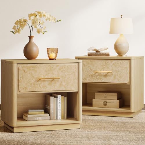 SICOTAS Nightstands Set of 2 with Deep Drawer & Rounded Corners 24.8" Wide Modern Night Stand Large Burl Wooden Nightstand Sturdy Bedside Table Easy Assembly End Tables for Bedroom Sofa - color: Light Burl Wood, size: 2 Pieces
