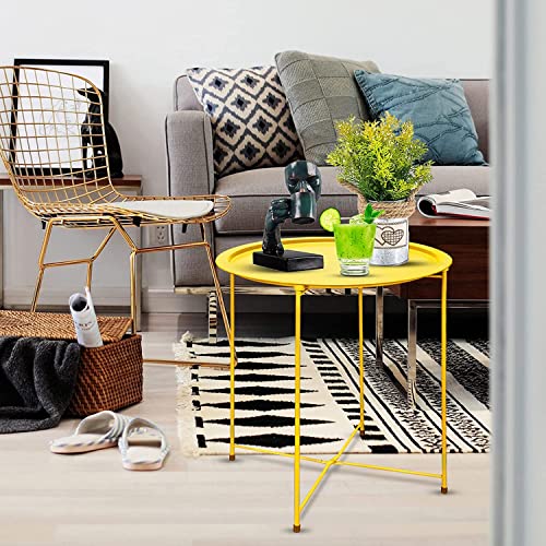Garden 4 you End Table 2 PCS Metal Side Table Yellow Round Folding Tray Cyan Sofa Small Accent Fold-able Table, Round End Table Tray, Next to Sofa Table, Snack Table for Living Room and Bed Room - color: Yellow