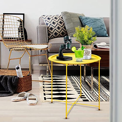 Garden 4 you End Table 2 PCS Metal Side Table Yellow Round Folding Tray Cyan Sofa Small Accent Fold-able Table, Round End Table Tray, Next to Sofa Table, Snack Table for Living Room and Bed Room - color: Yellow