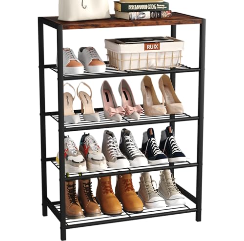 Yusong Shoe Rack Organizer, 5 Tier Industrial Shoe Storage Shelf, Narrow Sturdy Metal Shoe Shelves for Closet Entryway, Rustic Brown - color: Rustic Brown, size: 5 Tier