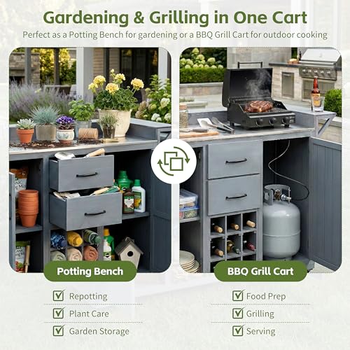 Modern 60.2''W Outdoor Kitchen Island with Wheels, Rolling Patio BBQ Kitchen Cart with Stainless Steel Top, Wood Grill Cart with Spice Rack&Wine Rack,2 Drawers, Gray - style: Gray