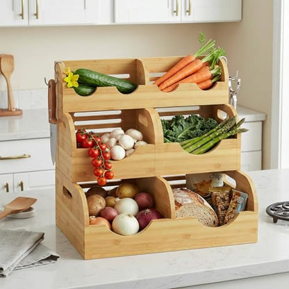 Upgraded 3 Tier Bamboo Pantry Storage Bins,Large potato storage | With 2 Banana Hangers,Stackable Potato and Onion Storage Bin with Airflow Vent,Vegetable Storage,for Kitchen Countertop