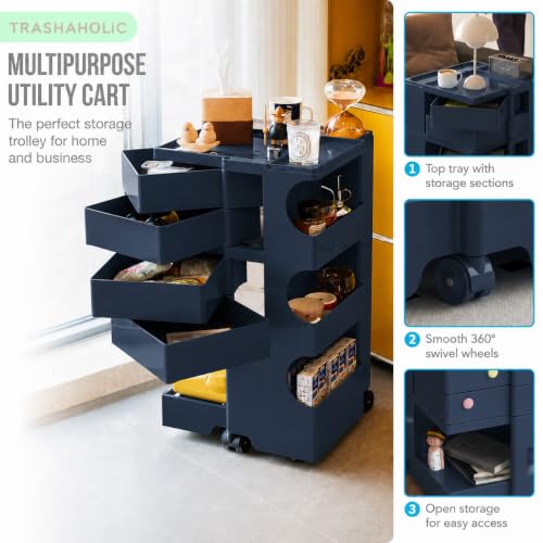 Rolling All-in-1 Utility Cart w Drawers for Arts and Craft + Designer Homes | 4 Swing-out Drawers + Open Shelves + Rolling Wheels For Kitchens, Salons, Home Offices, Hot Pot + Kids Rooms Dark Navy Blue - color: Navy Blue