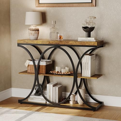 Garvee 39" Narrow Console Tables for Entryway, Industrial 3-Tier Sofa Table with Round Metal Base and Storage Shelves for Living Room, Hallway, Foyer, Retro Brown - color: Retro Brown