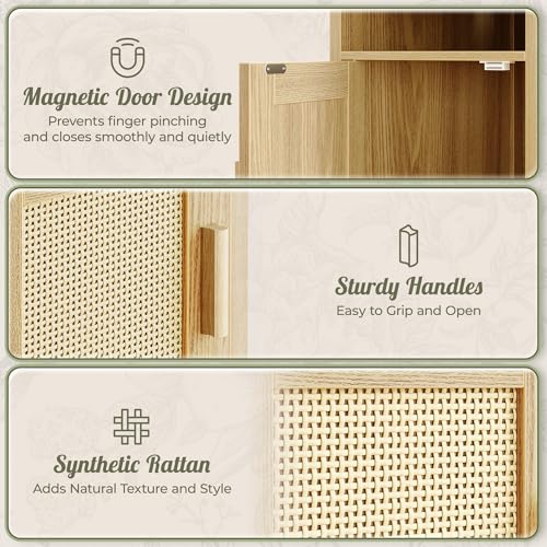 Huuger Narrow Night Stand, End Table with Charging Station, USB-C Port, Rattan Side Table with Cabinet and Open Shelf, Synthetic Rattan, for Small Spaces, Bedroom, Natural Wood - color: Natural Wood