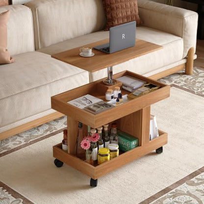 Multifunctional End Table with Wheels and 360° Rotating Desktop | Rolling Design, Storage Compartment, Sofa Side Narrow Table, Bedside Use, Living Room & Bedroom - color: Natural-7.15