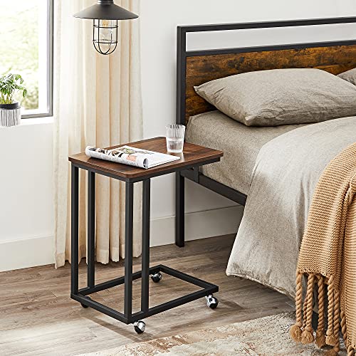 VASAGLE End Table, C Shaped TV Tray with Metal Frame Rolling Casters, Industrial Side Table for Living Room Bedroom, 19.7 x 13.8 x 23.6 Inches, Dark Walnut and Black - color: Dark Walnut + Black, size: 19.7"W x 21.7"H, style: With Wheels