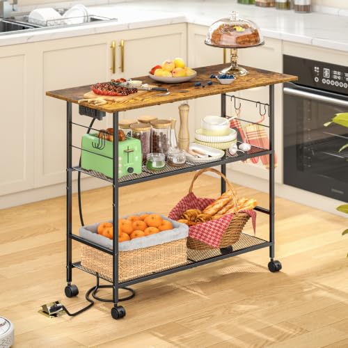 Kitchen Island with Power Outlet, Rolling Kitchen Cart with 6 Hooks and Protective Shelf, Microwave Stand on Lockable Wheels, Bakers Rack Coffee Bar for Dining, Living Room, Outdoor, Metal Frame - color: Brown, size: Standard with Power Outlet
