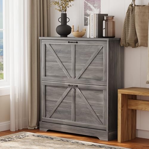 Semiocthome Farmhouse Shoe Storage Cabinet with 2 Flip Drawers, 31.5"(W) Freestanding Shoe Organizer with Barn Door and Metal Handles for Entryway, Rustic Narrow Slim Shoe Rack Cabinet - Washed Gray - color: Grey, size: 31.5"W