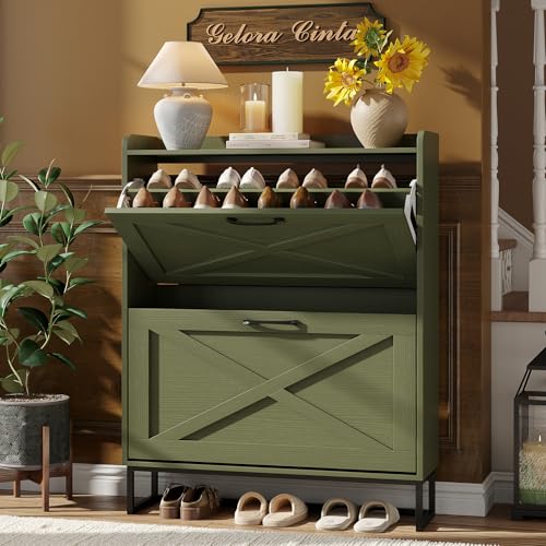 Maupvit Shoe Storage Cabinet with 2 Flip Drawers, Freestanding Shoe Organizer with Metal Legs for Entryway, Narrow Shoe Rack Cabinet, Green - color: Green, style: 2-Drawers