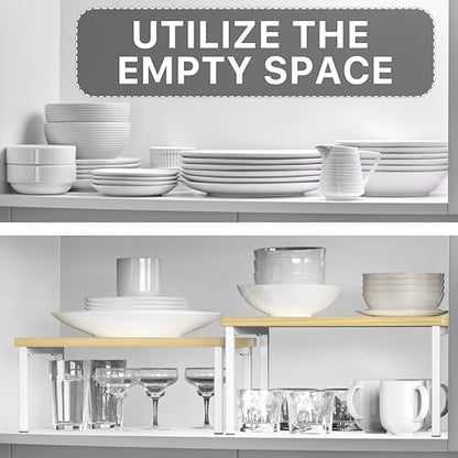 Simple Houseware Expandable Stackable Cabinet and Counter Shelf Organizer with Wooden Surface, 7.6'' D x 11.75'' W x 6.1'' H, Oak - color: Oak