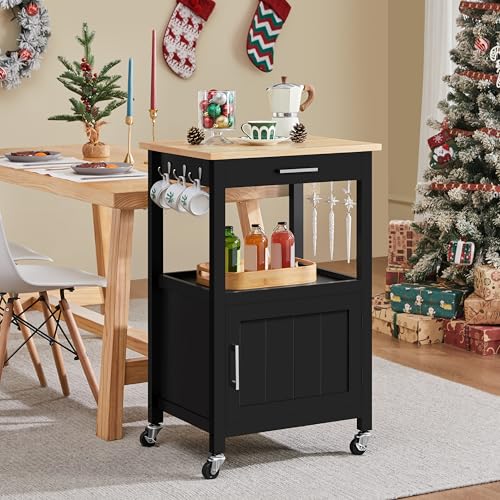 Yaheetech Kitchen Island Cart with Storage, Rolling Kitchen Island on Wheels with 6 Side Hooks, Wood Top Microwave Cart with Drawer for Dining Room, Black - color: Black