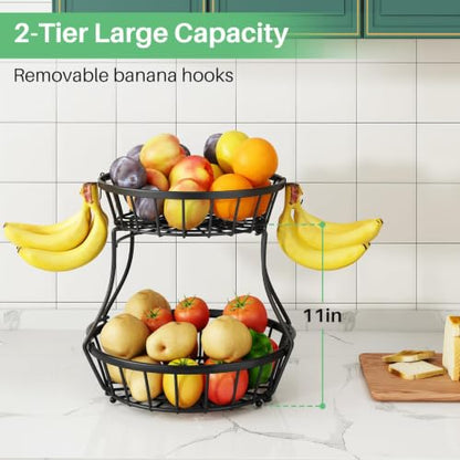 SAYZH 2-Tier Fruit Basket Bowl Stackable Vegetable Storage with Banana Tree Hanger Stand for Kitchen Countertop, Metal Wire Basket for Bread Onions Potatoes (Black)