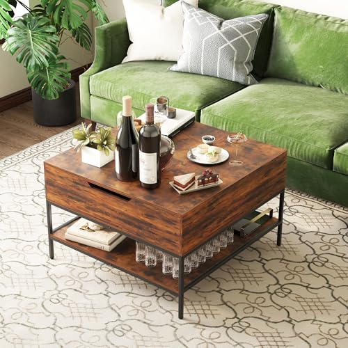 31.5" Farmhouse Coffee Table, Flip-Top Coffee Square Table with Storage Compartment, Wooden Rustic Cocktail Table for Living Room, Bedroom, Apartment, Studio, Dark Walnut - color: Dark Walnut