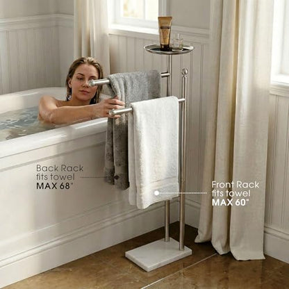 Songtec Bath Towel Rack Stand for Bathroom, 2-Tier Towel Holder Stand for Bath Towels Max to 68” & 60” Long, Practical Shelf on Top for Phone, Shampoo, Body Wash