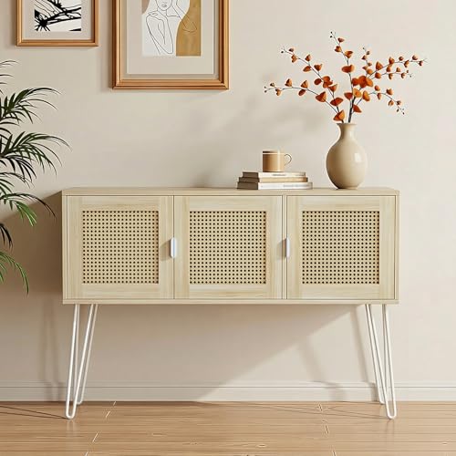 Netstar 47" Entryway Console Table with Storage, Rattan Cabinet Hallway Table with 3 Doors, Farmhouse Sofa Couch Table for Living Room, Foyer, Anti-Tip, Natural