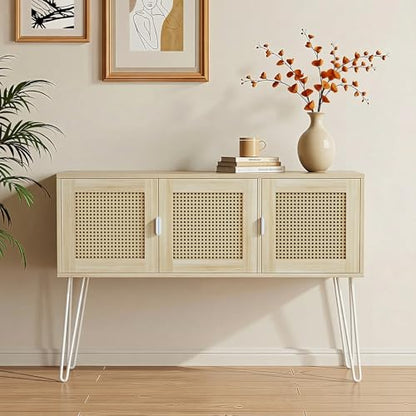 Netstar 47" Entryway Console Table with Storage, Rattan Cabinet Hallway Table with 3 Doors, Farmhouse Sofa Couch Table for Living Room, Foyer, Anti-Tip, Natural