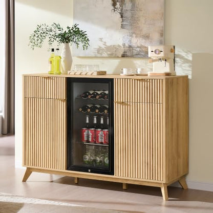 OKD 60" Fluted Coffee Bar Cabinet with Mini Fridge Space, Natural Oak | Mini Fridge Compatible, Built In Charging Station, 3 Stemware Racks, 2 Drawers, 2 Cabinets, Home Bar Cabinet Storage - color: Natural Oak