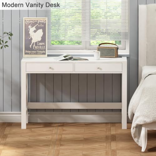 ChooChoo 40 Inches Farmhouse Computer Desk with 2 Drawers & Power Outlets | Wooden Writing Desk, Study Desk for Home Office, Makeup Vanity, White - color: White, size: 40inch with Power Outlet