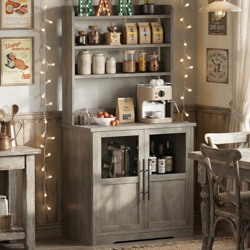 GarveeHome Bakers Rack with Power Outlet and 2 Glass Door, 63" Tall Farmhouse Wood Microwave Stand with Hutch & 3 Shelves, Coffee Bar Cabinet with Thick Counter, Sturdy Frame, for Kitchen, Rustic Gray - color: Rustic Gray, size: with 2 Glass Door