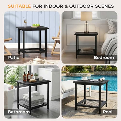 2-Tier Outdoor Side Table with Storage, Weather Resistant Patio End Table, HDPS Small Accent Table for Deck, Garden, Pool, Backyard, Black 2pcs - color: 2pcs-black