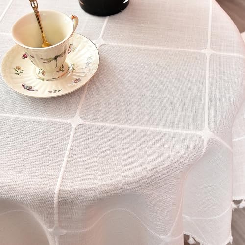 Plaid Round Tablecloth 48 Inch Cotton Linen Round Table Cloth - color: Off-white, size: 48" (Round)