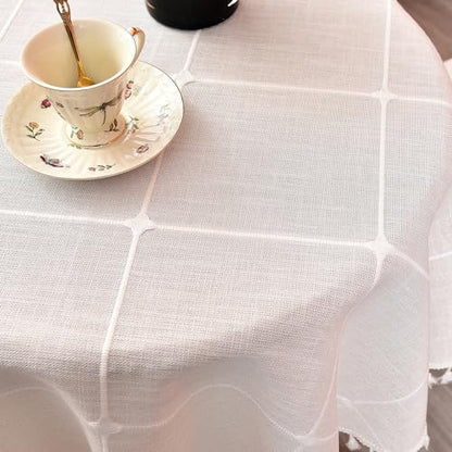 Plaid Round Tablecloth 48 Inch Cotton Linen Round Table Cloth - color: Off-white, size: 48" (Round)