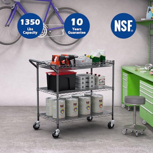 WDT 1350Lbs Capacity Heavy Duty Rolling Utility Cart, NSF Rolling Carts with Wheels,Commercial Grade Metal Cart with Handle Bar & Shelf Liner,Trolley Serving Cart for Restaurant,Kitchen,Black - color: Black 3 Tier Large