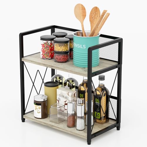 Aduanbang Coffee Bar Accessories Organizer, Seasoning Organizer, 2 Tier Wooden Kitchen Counter Shelf, Coffee Organizer Station for Countertop, Coffee Condiment Rack for Mugs, Cups, Cream, Syrup - color: iron net + Ivory