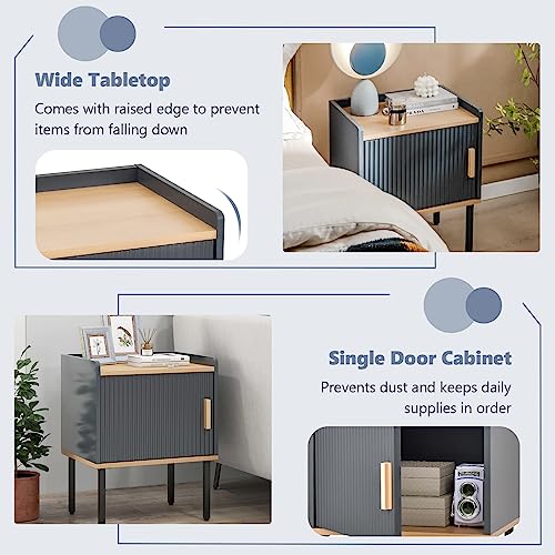 Giantex Nightstand with Storage, Bedside Table with Single Door Cabinet, Compact Floor Side Table with Heavy-Duty Metal Legs, Modern End Table for Living Room, Bedroom, Small Space, Gray