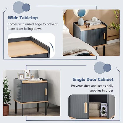 Giantex Nightstand with Storage, Bedside Table with Single Door Cabinet, Compact Floor Side Table with Heavy-Duty Metal Legs, Modern End Table for Living Room, Bedroom, Small Space, Gray