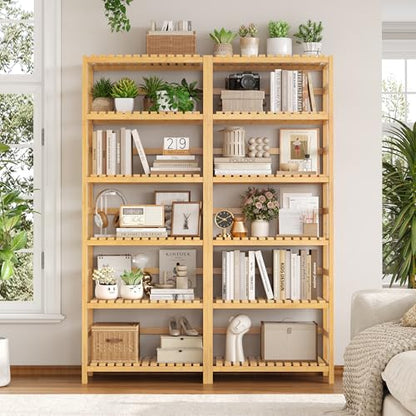 FOTOSOK 6-Tier Bamboo Shelf with Adjustable Shelves, Bamboo Kitchen Cabinet | Tall Bamboo Bookshelf and Plant Shelf with 250-lb Shelf Capacity for Laundry Bathroom Kitchen Pantry Home Office - color: Natural